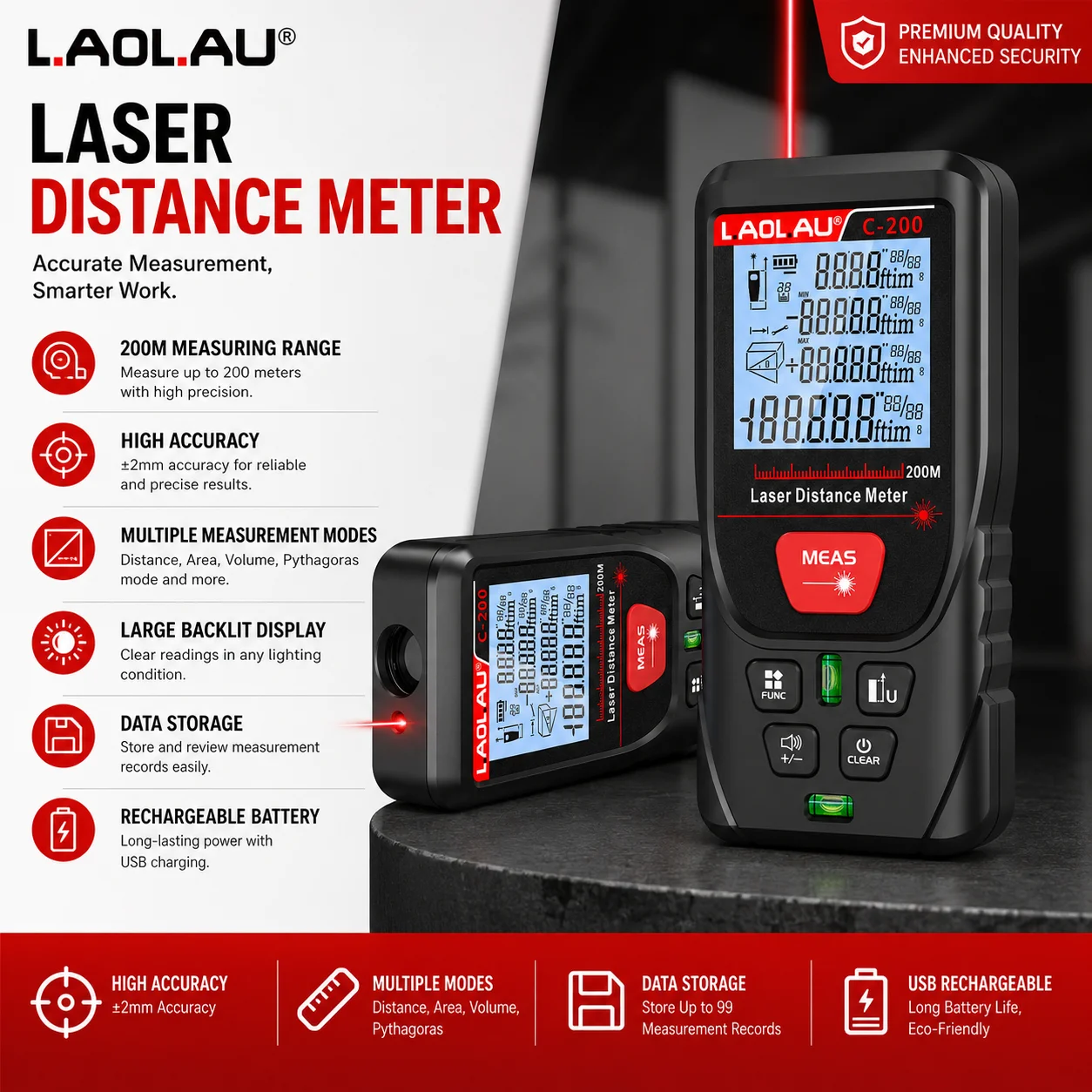 Industrial Laser Rangefinder - LAOLAU Digitaler Laser-Entfernungsmesser, roter/grüner Laserstrahl, hochpräzise